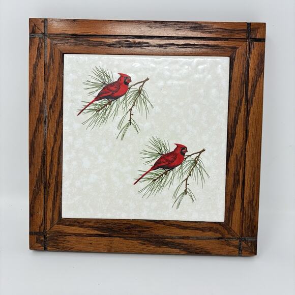 Vtg Wood Framed Ceramic Tile Two Red Cardinals Holiday Farmhouse Holiday Decor - Picture 5 of 5